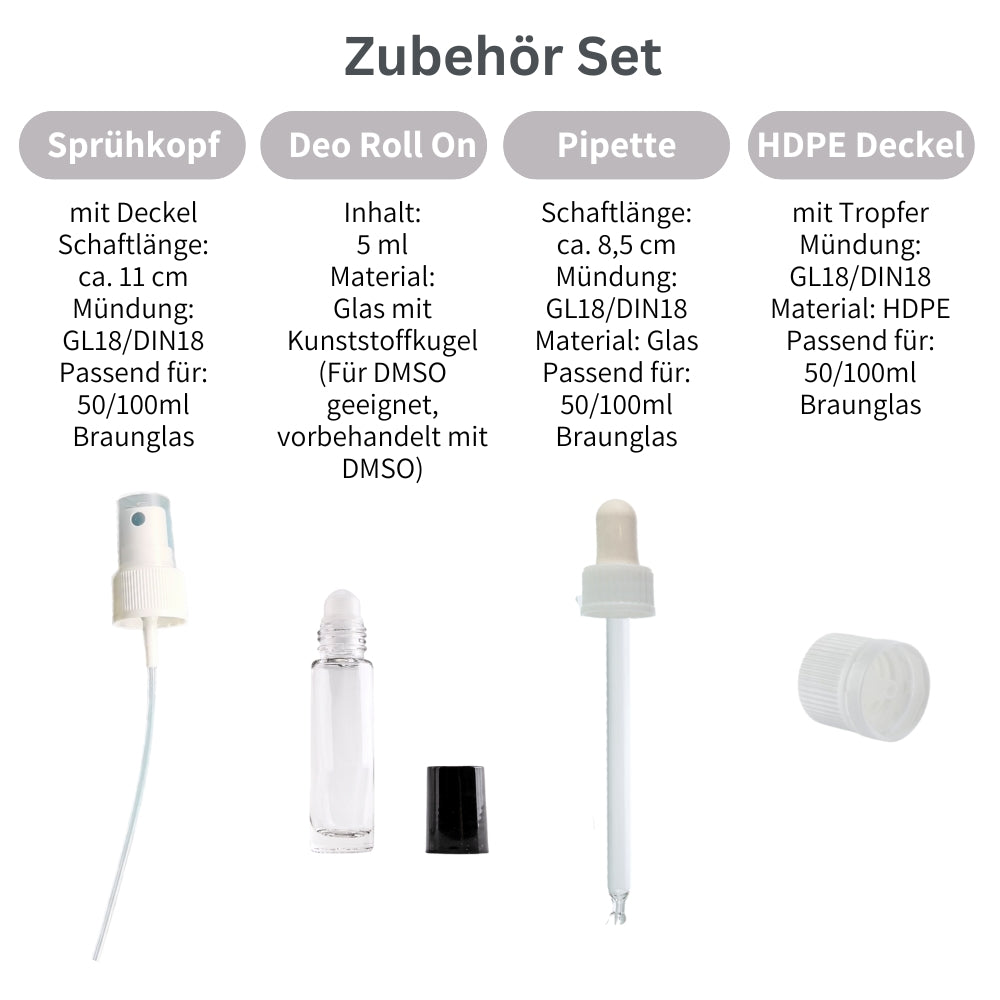 DMSO Zubehör Set - Pipette - Sprühkopf - Roll On - HDPE Deckel mit Tropfer - nemkur